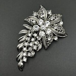 Silver with White Diamond Crystal Bridal Style Flower Spray Pin Back Brooch